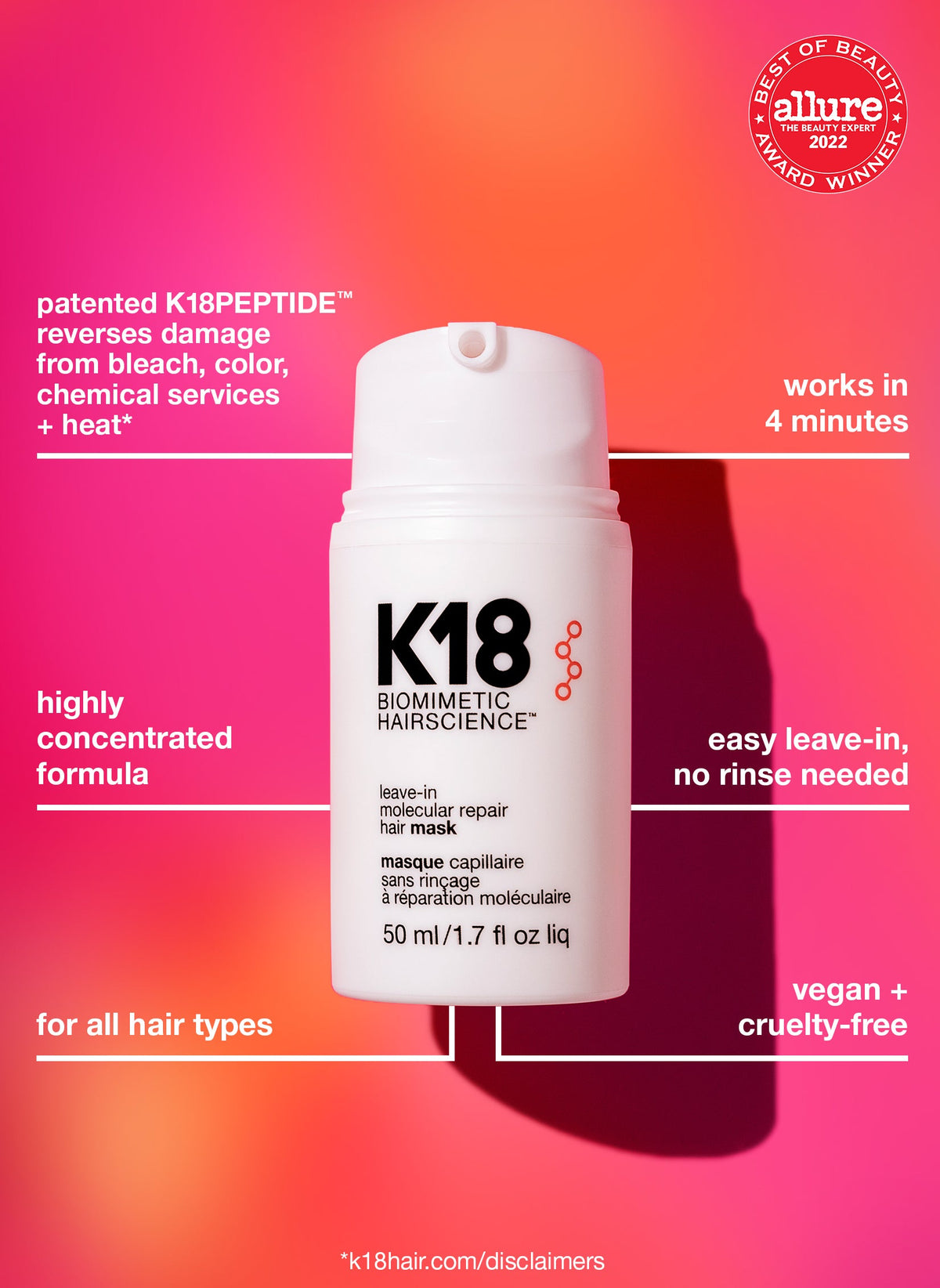 Full-Size Leave-In Molecular Repair Hair Mask 50mL K18Hair